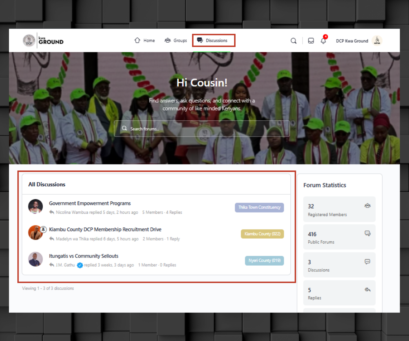 How to find forum discussions on DCP Kwa Ground